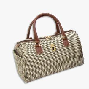 LONDON FOG LUGGAGE CHELSEA 16 INCH SATCHEL TOTE, OLIVE PLAID TAN VGUC